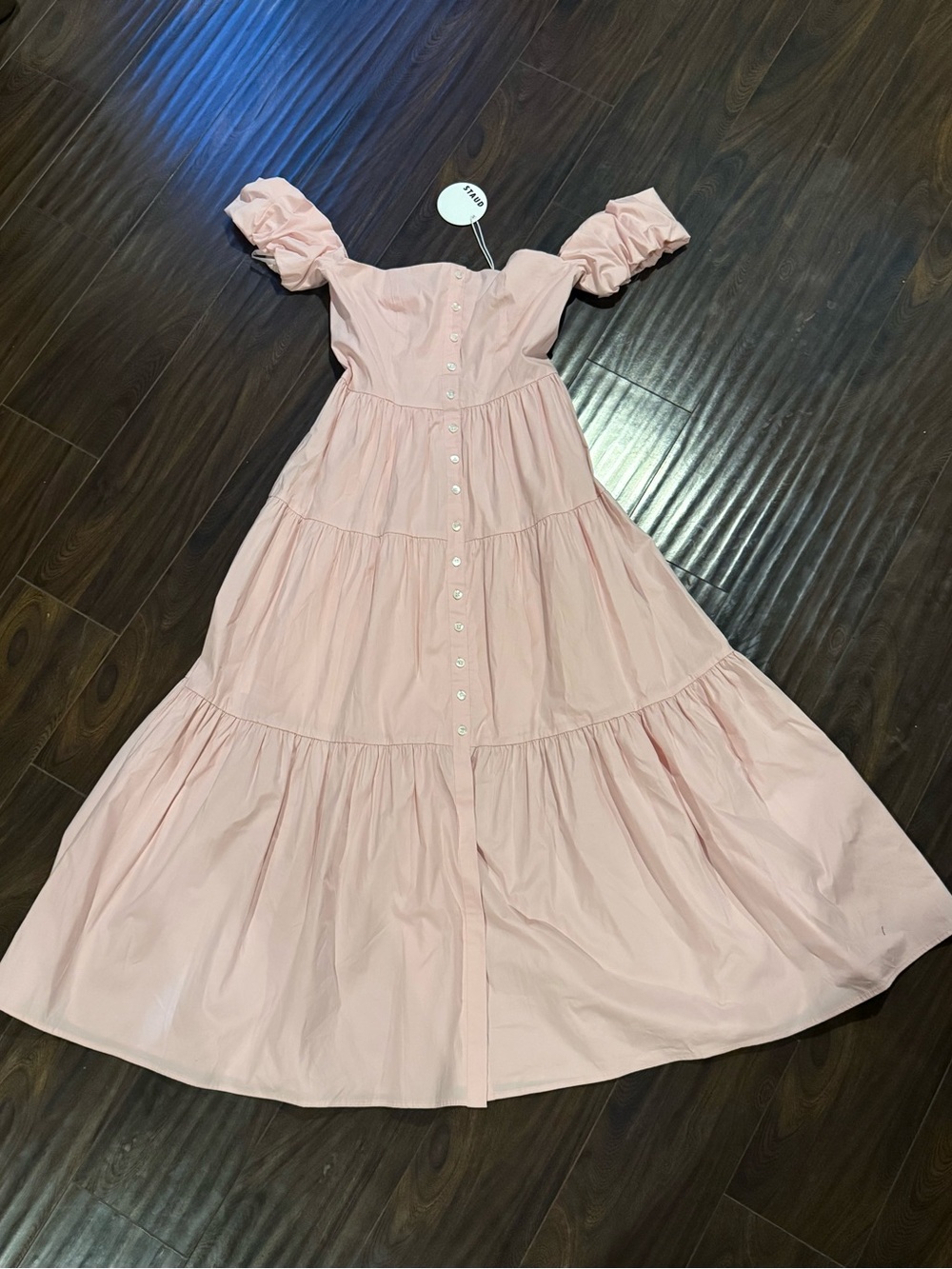 NWT Staud Elio Dress Off shoulder in Strawberry Pink Size 4 - Picture 3 of 6
